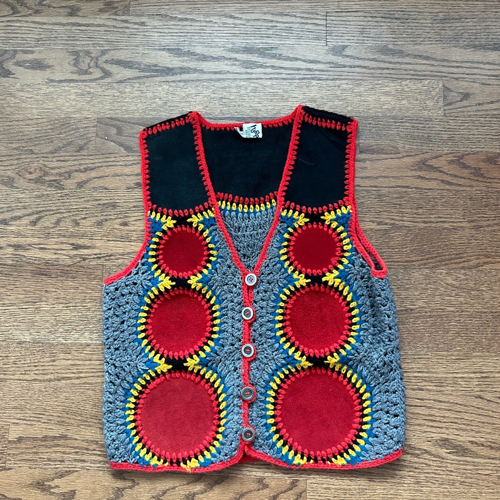 Handmade Crochet Red Circle Accent Vest - Unbranded